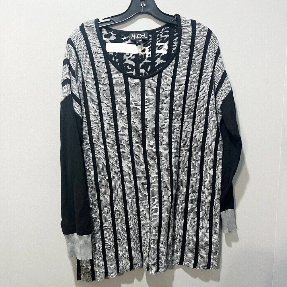 Angel Women Black Gray Striped Sweater M Cotton Long Sleeve Tunic Warm Lagenlook